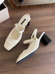 Fall/Winter 2025 Elegant Square Toe Studded Mary Jane Women Pumps, Versatile Black High Heels Sexy Slingback Red Patent Leather Thick Heel Pumps,Elegant - Beige - View 2