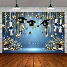 1pc Polyester Graduation Party Backdrop, Navy Blue With Gold Stars & Sparkling Lights, Versatile Decoration For Holiday Parties, Yard, Studio, Home & Garden Celebrations, No Electric Required | Luxurious Appearance - 1PCS - View 1