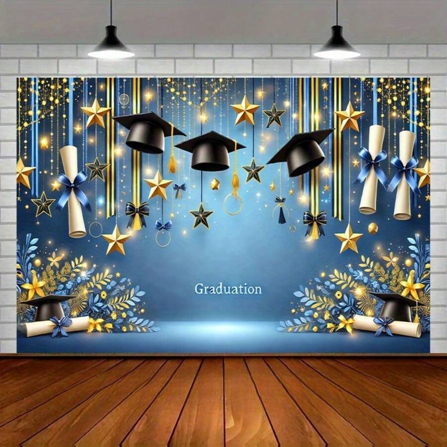 1pc Polyester Graduation Party Backdrop, Navy Blue With Gold Stars & Sparkling Lights, Versatile Decoration For Holiday Parties, Yard, Studio, Home & Garden Celebrations, No Electric Required | Luxurious Appearance - 1PCS - View 1
