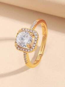 5 件套优雅几何锆石戒指套装，精致奢华精致女士婚礼派对珠宝 - 金黃色 - 查看 3