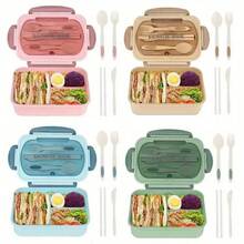 1pc Lunch Box With Utensils, Leak-Proof, Square Shape -  To Use In Microwave, Perfect For Office Workers And Kitchen Storage - 卡其色 - 查看 2