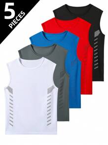 5pcs/Set Teenage Boys' Sleeveless Sports Vests, Lightweight Mesh Material Suitable For Outdoor, Running, Basketball And Football, Fits Ages 13-18 Years