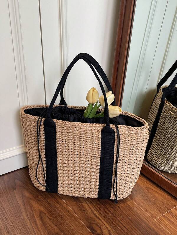 Handwoven Bicolor Handle Basket Bag, Tote Handbag, Casual Beach Vacation Shoulder Bag