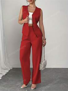 2 Stück/Set Damen Einfarbiger Lässig Pendler Outfit, ärmelloser Einreiher Rückenbindung Weste + Hohe Taille Weite Bein Hose, Frühling/Sommer 2025 Europäischer und Amerikanischer Stil