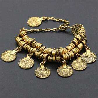 1pc Vintage Boho Coin Tassel Pendant Chain Bracelet, Minimalist Jewelry Accessory For Women