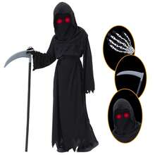 LOVE PARTY Halloween Horror Red Eye Grim Reaper Costume, Sickle Ghoul Dark Messenger Ghost Cosplay Outfit Set