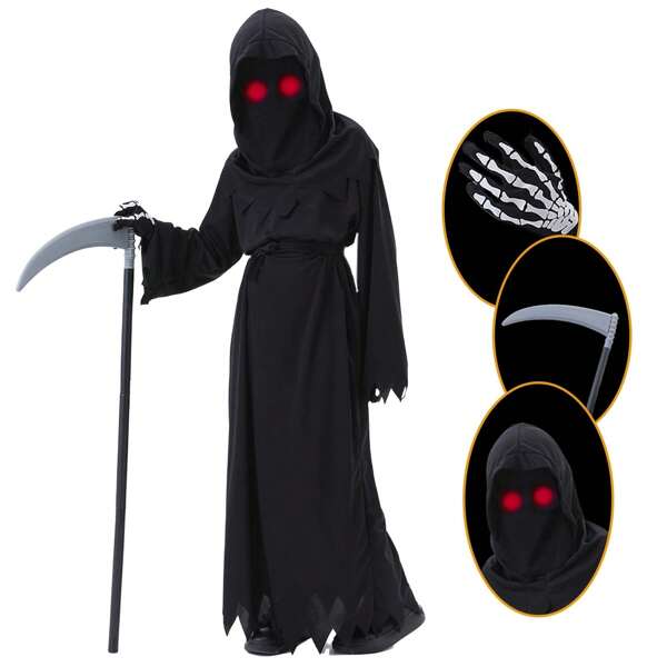 LOVE PARTY Halloween Horror Red Eye Grim Reaper Costume, Sickle Ghoul Dark Messenger Ghost Cosplay Outfit Set