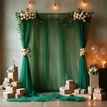 Romantic Moss Green Polyester Mesh Wedding Backdrop Curtain - Party Transparent Curtain, Suitable For Wedding, Birthday, Bachelorette Party, Anniversary, Thanksgiving, Stage Decoration, Etc. - No Feathers, No Power Supply - Indoor & Outdoor Use, Perfect For Thanksgiving