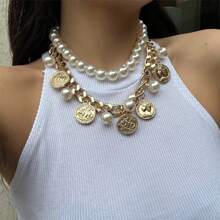 Vintage Portrait Coin Pendant With Tassel & Double-Layer Faux Pearl Necklace, Design
