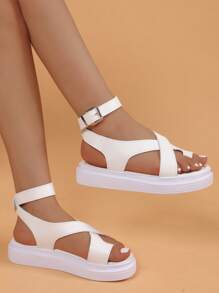 Youth Striped Strap Comfort Flat Sandals, Student Sporty Style