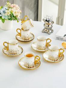 1 Set Gold Color Ceramic Cup & Saucer Set, 6pcs Cups 6pcs Saucers, Coffee Cup Set, Suitable For Cafes, Homes, Ramadan, Holidays, Birthday Gifts - Multicolor - View 15