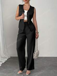 2 Stück/Set Damen Einfarbiges Lässig Pendler Outfit, ärmelloser Einreiher Rückenfrei Krawatte Weste + Hohe Taille Weite Bein Hose, Frühling/Sommer 2025 Europäischer und Amerikanischer Stil