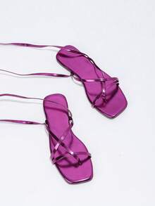 Neue Damen Zehentrenner Flache Sandalen im Sommerstil, mit rundem Zehenbereich und Schnürung, für den Lässig Urlaub - Bordeaux - Übersicht 4