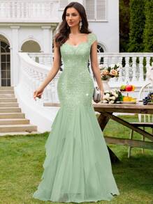 MIUSOL Vestido de fiesta con cuello en V profundo, mangas de tapón, encaje con lentejuelas, contraste de malla y dobladillo escalonado, vestido de fiesta elegante para mujer, vestido de noche formal, vestido de graduación, para invitados de boda, cena