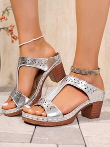 Women's Peep-Toe High Heel Sandals, Knotted Design, Breathable Perforated Side, Lightweight & Comfortable, Suitable For Daily, Outdoor, Commute, Office, School, Formal Events, Summer Fashion Versatile, Elegant, Beige, Gray, Pink High Heel Sandals - Silver - View 3