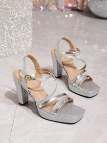 Women's High Heel Sandals With Lace-Up Multi-Strap, Square Toe, Sexy Open Back, Thick Platform Wedge, Water-Resistant, Comfortable Silver High Heels, Elegant & Stylish, Suitable For Parties, Banquets, Vacations, Fashion Versatile