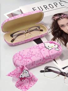 Sanrio 2 pièces Étui à lunettes Hello chat, Chiffon de nettoyage de lunettes Hello chat, Coffret de rangement 2 pièces pour Lunettes modes avec chiffon de nettoyage de lunettes, Etui à lunettes, Monture de lunettes, Etui à lunettes, Accessoires de lunettes unisexes Conception charmante Boîte de rangement de lunettes portable en matériau PU résistant à la pression