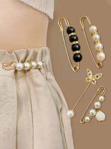 New Sweet And Versatile Pearl Waist Belt, Resize To Match Pants, Belt And Skirt, Waist Artifact, Female Pin, Anti-Exposure Brooch, Collar, Anti-Exposure Brooch Buckle, Invisible Anti-Pearl Brooch, Female Waist Pin, Fixed Clothes, Corsage, Shirt Brooch, Can Be Used As Clothing Decoration 6 Pieces/Set, Aluminum Alloy Waist Buckle Waist Decoration Set