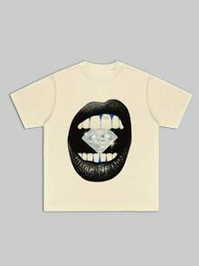 Glamorous And Luxury Inspired Men's T-Shirt With Diamond Mouth Graphic, 100% Cotton 220g - 杏色 - 查看 3