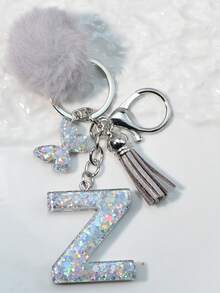 1 件首字母银色闪光钥匙扣，树脂滴蝴蝶吊坠，包/车装饰，男女通用礼物汽车配件包魅力学校可爱哥特 Y2k - 銀色 - 查看 34