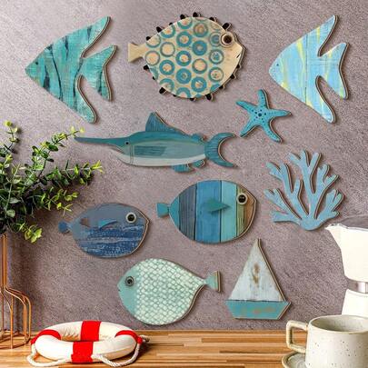 1/10 Piezas Decoración de pared de arte de madera de 2D con peces, estrellas de mar y coral de tema oceánico, escultura de pared de peces, decoración de casa de playa, lago, baño, dormitorio (Adhesivo DIY), decoración de verano para el hogar, dormitorio, decoración de pared, decoración escolar, sorpresa escolar, decoración de dormitorio universitario, regreso a la escuela