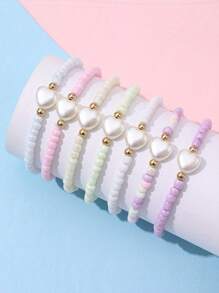 Set de 7 piezas de pulseras con cuentas de corazones, estrellas y dijes de colores para niñas, adecuadas para uso diario, fiestas y regalo de cumpleaños