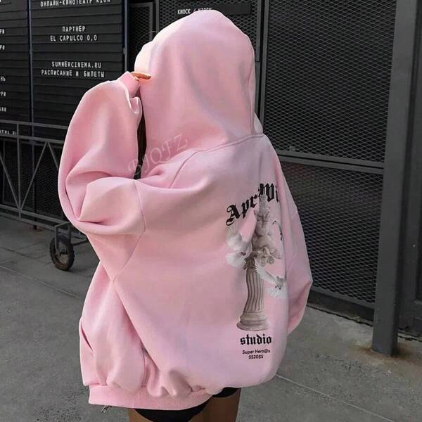 Oversized Hoodie Sweatshirt For Women, Angel & Print, Casual Street Style, Loose Fit, Fleece Lining, Zipper Closure, Fashion Outerwear