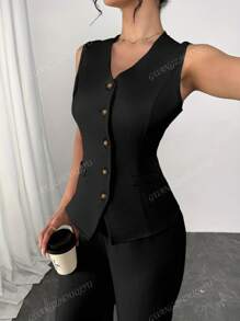 2 Stück/Set Damen Einfarbiges Lässig Pendler Outfit, ärmelloser Einreiher Rückenfrei Krawatte Weste + Hohe Taille Weite Bein Hose, Frühling/Sommer 2025 Europäischer und Amerikanischer Stil