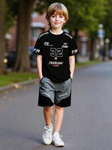 2pcs/Set Teenage Boys' Casual Summer Letter Print Crew Neck Short Sleeve T-Shirt And Contrasting Color Letter Print Shorts Sports Suit