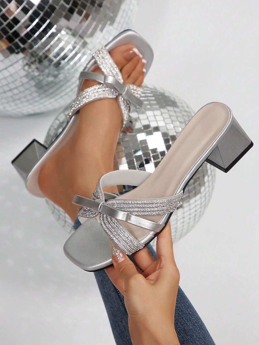 صنادل كعب سميك مرصعة بالراين للنساء، كعب عالي على الطراز الفرنسي مناسبة للمواعدة والتسوق والحفلات والولائم في الصيف والخريف