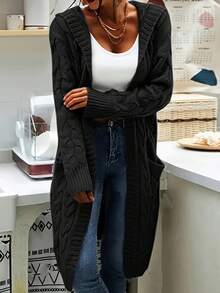 Cárdigan largo negro de punto para mujer, unicolor con bolsillos
