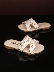 1 双幼儿/女童时尚一脚蹬拖鞋，彩色柔软 PU 材质圆头露趾平底舒适可爱罗马沙滩凉鞋，适合 3-15 岁女孩，休闲、沙滩、夏季新品