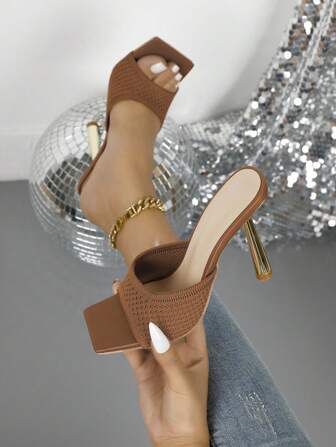 1 Pair Fashion Strap High Heel Sandals, Stylish Slip-On Mules For Outdoor Wear