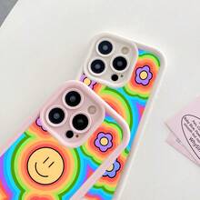 Rainbow Smile Pattern Phone Case For Compatible With IPhone 16/15/14/13/12/11/ProMax/Pro/Plus/XSMax/XS/X,Fashion Female Summer Unique Cases Shockproof Anti-Drop Design Tpu Protection Cover Men Casing Girl Women Ultimate Protective Fundas Para Protectores De Celulares Accessories Friend Gift Aesthetic Protector Forro De Teléfono - Pink - View 3