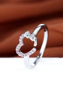 1 Peça Anel Feminino de Design de Coração Aberto com Pétalas de Flor Elegante com 2 Pedras de Zircônia Cúbica Branca, Adequado para Uso Casual, Férias, Aniversário