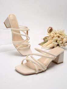 法式仙女风格女士夏季凉鞋，新款设计粗跟细带优雅系带高跟鞋 - 米色 - 查看 6