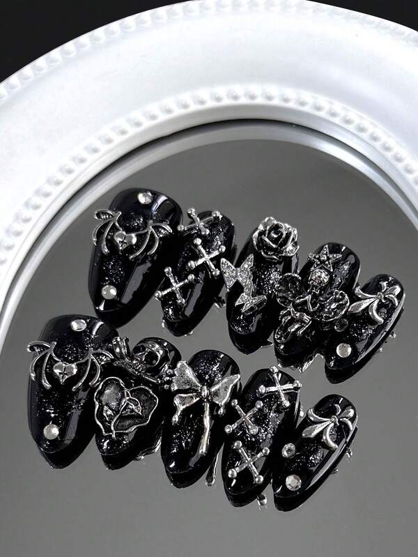 10 Long Dark Almond-Shaped Handmade Press-On Nail Tips. Dark Punk-Style Nail Set Decorated With Black Wings, Skulls, Butterflies, Vintage Roses, Stars, Angels, Bowknots And Rhinestones. With Fine Shimmer Decorations, Shiny And Glossy. Full-Coverage Removable Fake Nail Kit, Suitable For Office Workers, Students, Party Girls And All Seasons. Includes Jelly Glue And Nail File. Press On Nails Nail Supplies Nails