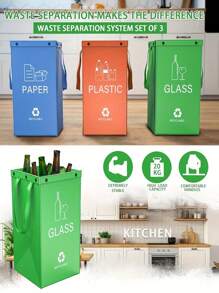 Color Printed 3-In-1 Trash Bags - Foldable Polypropylene Storage Bags ,Separate Recycling Waste Bin Bags For Kitchen Home Hotels And Property Management,Waste Trash Sorting Organizer, Reusable Waterproof Back To School