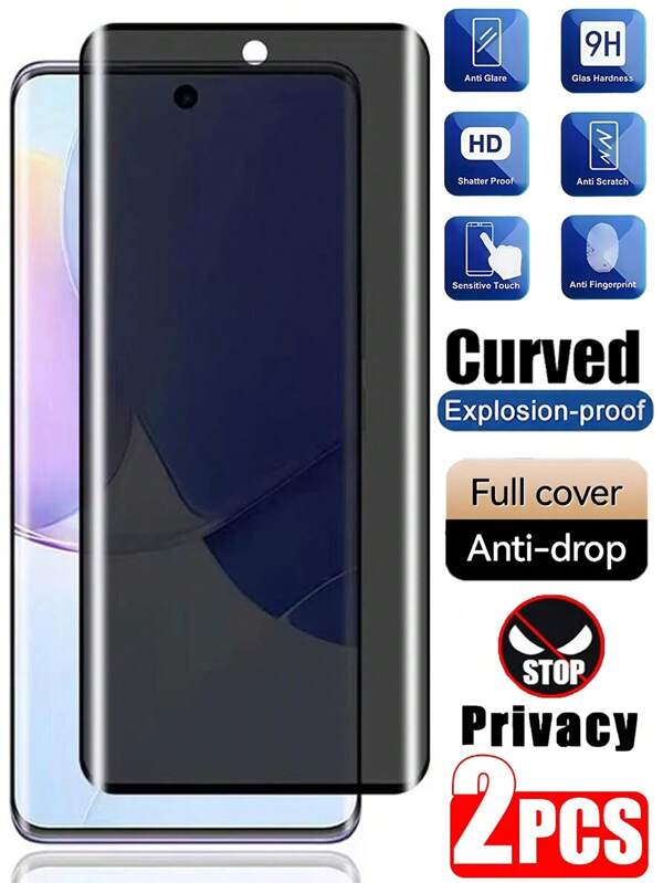 2pcs 3D Curved Anti-Spy Tempered Glass Privacy Screen Protector Compatible With Samsung Galaxy///Redmi/Honor///Realme/OPPO/VIVO/OnePlus, No Bubbles, Easy To Install, Firm And Not Falling Off, Not Fragile, Office/Subway Anti-Peeping Measures