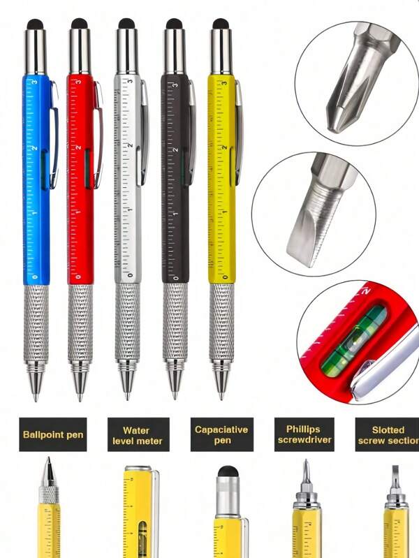 [Multifunctional Pen]4pcs Can Write, Screwdriver, Multifunctional Tool, Level, Stylus, Ruler 6-In-1 ,Suitable For Furniture, Workwear Hardware, Essential Items For Daily Life, Easy To Store, And Portable. Random Color And Style Back To School