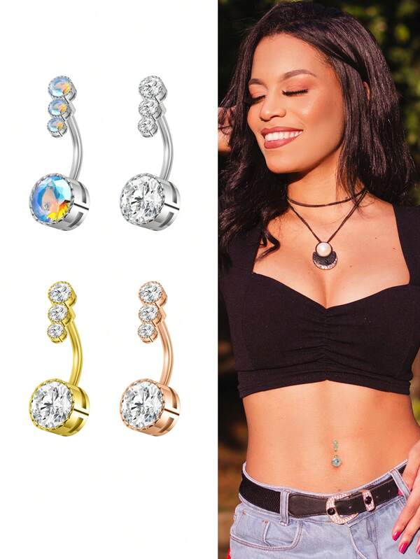4pcs Navel Ring Fashionable And Simple Stainless Steel Round Rhinestone-Encrusted Zirconia Piercing Accessory Navel Pin
