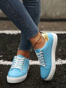 Nouvelles baskets plates et décontractées pour femmes avec bout rond, lacets et semelle antidérapante, en noir. Diverses options de couleurs, convient pour le printemps et l'automne - Bleu azur - Voir 5