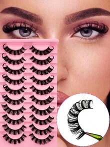 10 Pairs Full False Lashes 15mm Russian Strip D Curl Faux Mink Eye Look Tail Elongated Strip Lashes - 黑色 5 - 查看 3