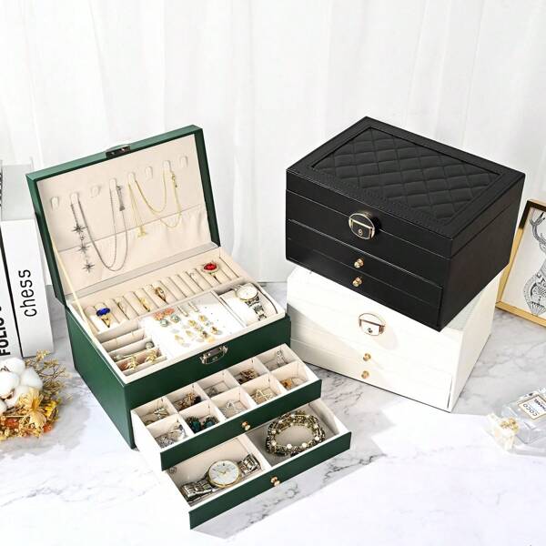 1pc Lockable Multi-Layer Jewelry Box, 3-Drawer PU Leather Jewelry Storage Box With Lock For Rings, Earrings, Bracelets, Necklaces, Elegant Portable And Durable Gift Solution, Lockable Double-Layer Jewelry Organizer For Earrings, Rings, Watches, Bracelets And Other Accessories, Management For Rings, Necklaces And Accessories, Holiday Gift For Sophisticated Friends