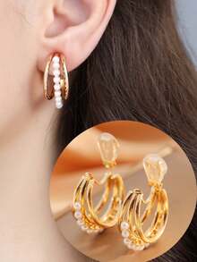 1 对时尚仿珍珠多层圆形耳环，女士夹式优雅耳环，无需穿孔，非常适合日常佩戴和送礼