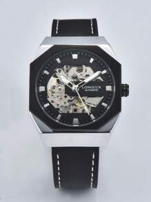 LONGLUX 1pc Men's Automatic Mechanical Watch With Leather Strap, Water-Resistant, Casual, Carved Hollow Movement Watch