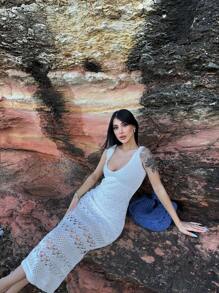 Vestido de playa para mujer de escote profundo en V, unicolor, transparente y calado