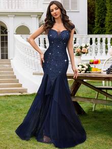 MIUSOL 亮片花卉蕾丝甜心领短袖撞色网纱层叠下摆晚宴派对长裙，优雅女士派对礼服，正式晚礼服，舞会礼服，适合婚礼宾客、毕业典礼、晚宴、情人节等场合。 - 藏蓝色 - 查看 4