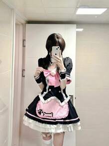 1 Stück süßes Kawaii Doppelreiher-Kleid mit Katzenpfoten-Schürze, rosa Schleife, ohne Katzenohren-Stirnband, japanisches Maid-Kostüm für Cosplay, Partys, Fotoshootings, Halloween