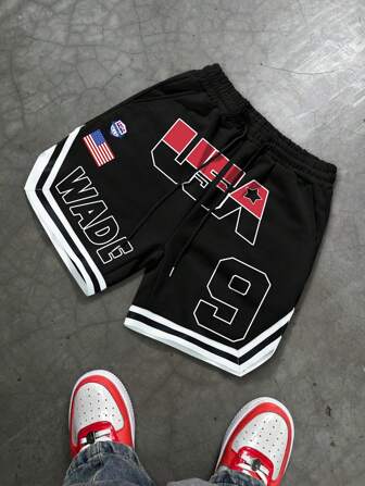 1 件男士短裤，篮球短裤，黑白条纹，美国独立日美国国旗图案，松紧腰带，侧袋，休闲、运动、节日、返校，送给男朋友或丈夫的礼物